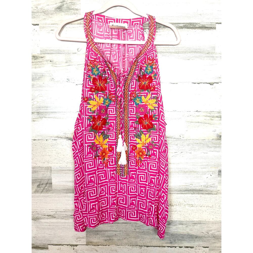 Savanna Jane Womens Plus 3X Pink Embroidered Boho Tie Neck Tank Top Blouse
